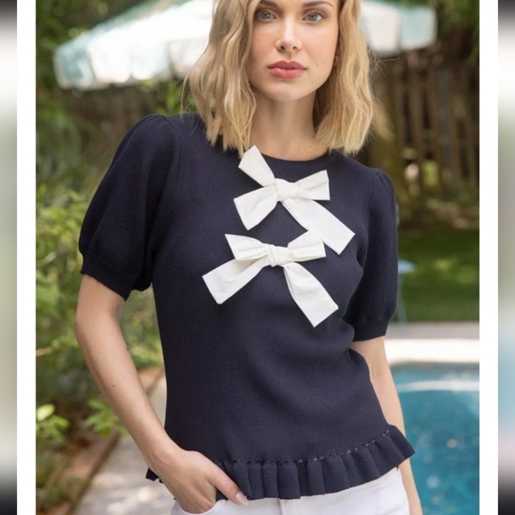 Voy Sweaters - Voy Womens Navy Ribbed Short Puff Sleeve Sweater With White Bows Ruffle Size S